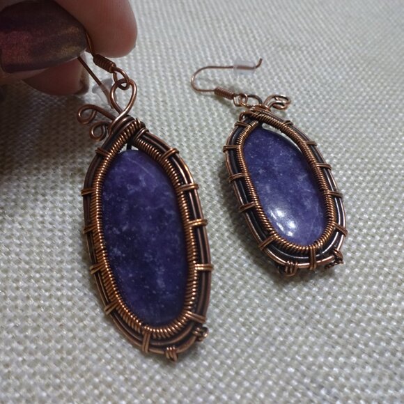 Rustic LEPIDOLITE MICA Handmade COPPER WIRE-WRAPPED Dangle Earrings #224C - Picture 3 of 3